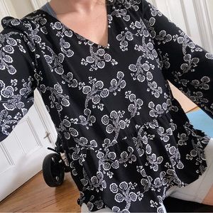 Loft Black White Floral Long Sleeve V Neck Blouse
